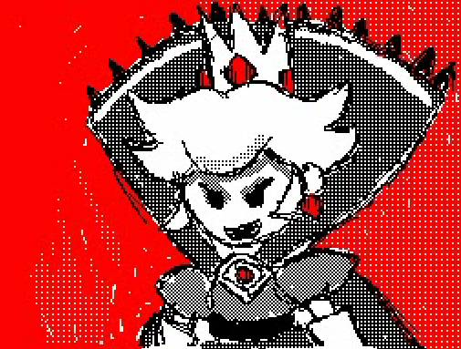 A small sketch of an evil princess with a huge towering crown and a cloak behind her head.